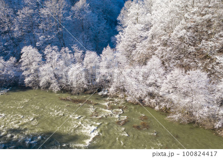 Mountain river stream in winter. Amazing winter forest at sunny day aerial view Mountain river stream in winter. Amazing winter forest at sunny day aerial view 100824417