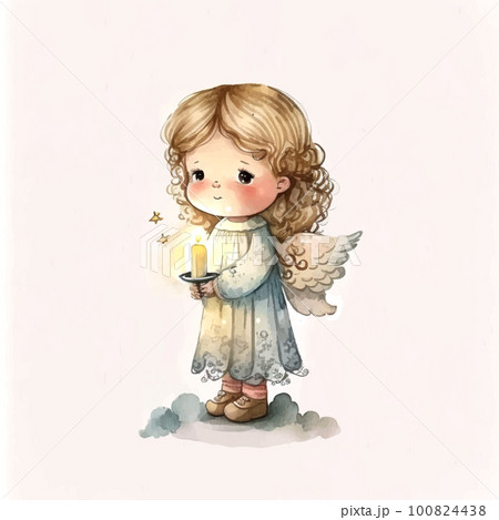 Cute Easter angel with a candle in his hands Watercolor Cartoon Christmas on white background 100824438