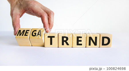 Trend or megatrend symbol. Businessman turns wooden cubes and changes words trend to megatrend. Beautiful white table, white background, copy space. Business, trend or megatrend concept. 100824698