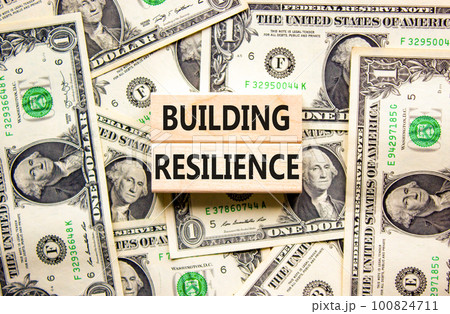 Building resilience symbol. Concept word Building resilience typed on wooden blocks. Beautiful background from dollar bills. Business and building resilience concept. Copy space. Building resilience symbol. Concept word Building resilience typed on wooden blocks. Beautiful background from dollar bills. Business and building resilience concept. Copy space. 100824711