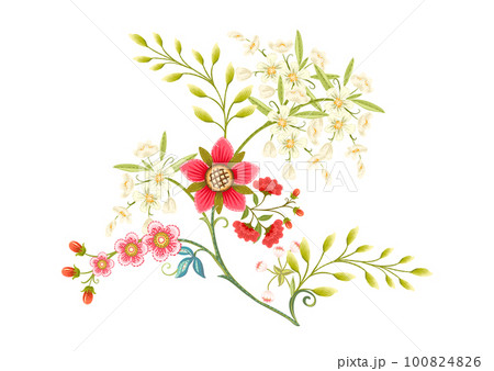 Fantasy flowers in retro, vintage, jacobean embroidery style.  100824826