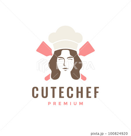 people beauty women female face job chef cooking kitchen food spatula hat logo design vector 100824920