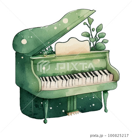 Piano Vibrant Green Watercolor Illustration Clipart illustration for design element, invitation card, sublimation, painting, wall art and more. Piano Vibrant Green Watercolor Illustration Clipart illustration for design element, invitation card, sublimation, painting, wall art and more. 100825217