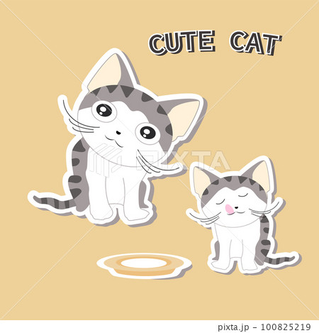 Cute kitten and a plate of ar milk on a yellow background 100825219