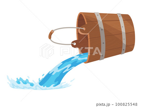 Wooden bucket with water and handle. Container with flowing water for spa, sauna. Liquid pouring with splash. Vector illustration isolated on white background 100825548