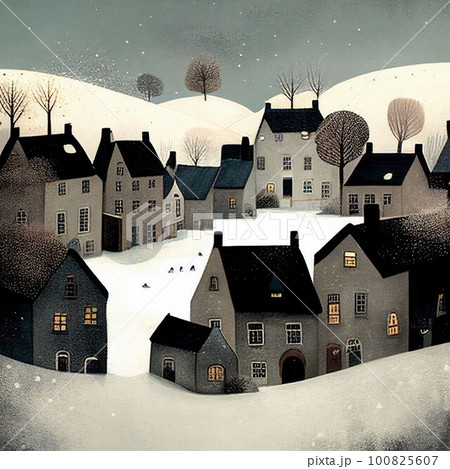 Kid painting colorful of beautiful snow village on snow hill Created with Generative AI technology. 100825607