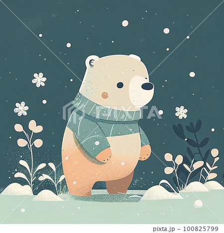 Illustration cute teddy bear standing alone on snowy day Created with Generative AI technology. 100825799