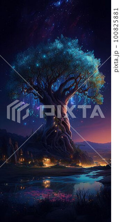 Big tree glowing colorful from night sky and star background Created with Generative AI technology. 100825881
