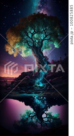 Big tree glowing colorful from night sky and star background Created with Generative AI technology. Big tree glowing colorful from night sky and star background Created with Generative AI technology. 100825885