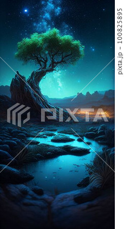 Big tree glowing colorful from night sky and star background Created with Generative AI technology. 100825895