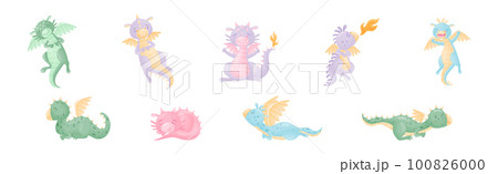 Cute Dragons as Horned and Winged Four-legged Creature from Fairytale Vector Set 100826000