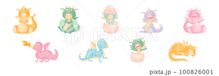 Cute Dragons as Horned and Winged Four-legged Creature from Fairytale Vector Set 100826001
