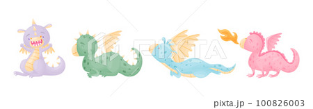 Cute Dragons as Horned and Winged Four-legged Creature from Fairytale Vector Set 100826003