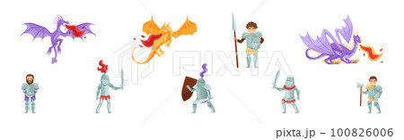 Brave Medieval Knight in Armored Suit Holding Sword and Spear Fighting with Fire Breathing Dragon Vector Set 100826006