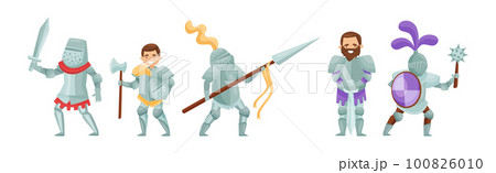 Knight from Middle Ages in Iron Armour Suit Holding Sharp Spear and Ax Vector Set Knight from Middle Ages in Iron Armour Suit Holding Sharp Spear and Ax Vector Set 100826010