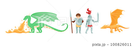 Brave Medieval Knight in Armored Suit Holding Sword and Spear Fighting with Fire Breathing Dragon Vector Set 100826011