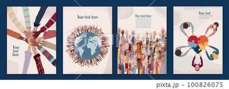 Volunteer people group concept flyer brochure poster editable template.Multicultural people with raised hands. People diversity holding heart.Hands in a circle. Solidarity.NGO Aid concept 100826075