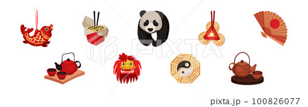 Chinese Culture Symbols with Koi Fish, Panda, Fan, Tea and Mask Vector Set 100826077