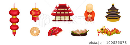 Chinese Culture Symbols with Pagoda Temple and Buddhist Monk Vector Set 100826078