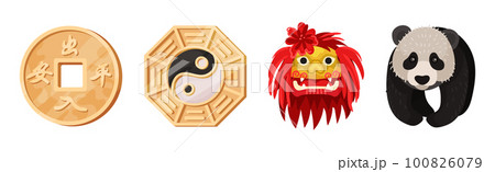 Chinese Culture Symbols with Mask, Panda Bear, Golden Coin and Yin Yang Vector Set 100826079