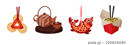 Chinese Culture Symbols with Coin Amulet, Tea, Koi Fish and Noodle in Box Vector Set 100826080