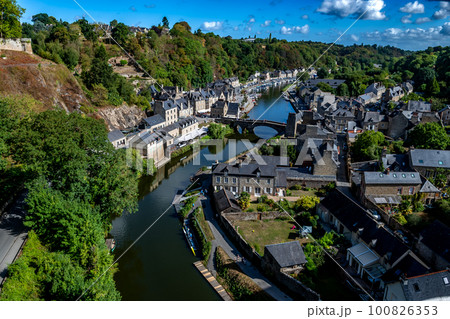 Breton Village Dinan With Half-Timbered Houses And River La Rance In Department Ille et Vilaine In Brittany, France Breton Village Dinan With Half-Timbered Houses And River La Rance In Department Ille et Vilaine In Brittany, France 100826353