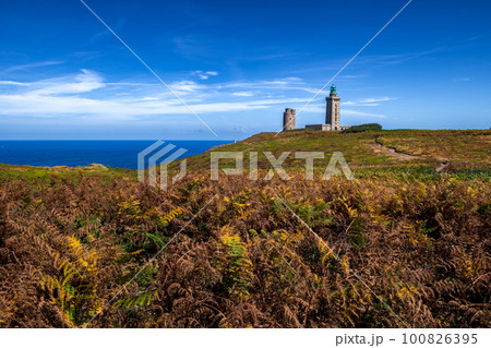Cliffs At Atlantic Coast With Ancient Lighthouse At Cap Frehel In Brittany, France; Phare du Cap Frehel Cliffs At Atlantic Coast With Ancient Lighthouse At Cap Frehel In Brittany, France; Phare du Cap Frehel 100826395