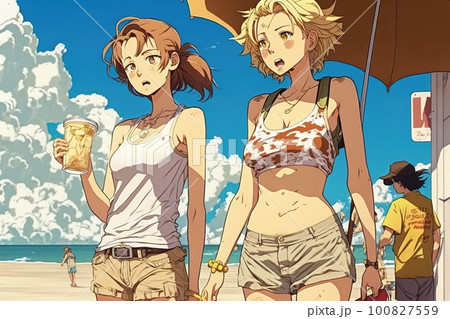 Anime girls walk on beach, young pretty woman...のイラスト素材 [100827559] - PIXTA