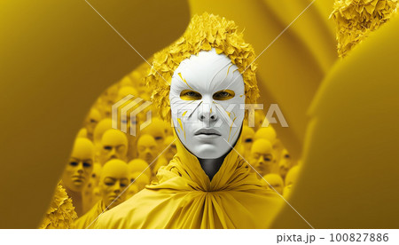illustration of a man in a carnival costume with yellow and white feathers .Generative AI 100827886