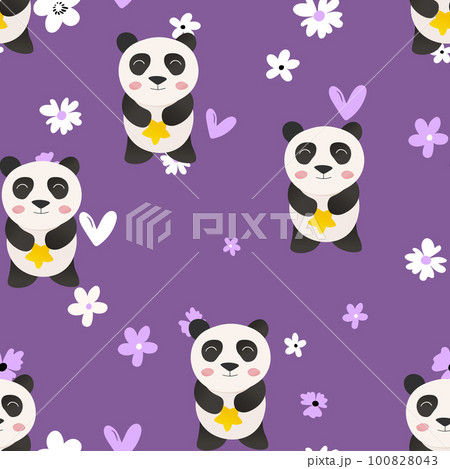 Seamless pattern with cute panda baby on color background. Funny asian animals. Card, postcards for kids. Flat vector illustration for fabric, textile, wallpaper, poster, gift wrapping paper 100828043