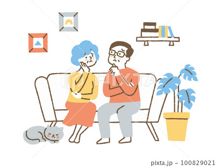 リビングで悩んでいる夫婦_色 100829021