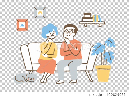 リビングで悩んでいる夫婦_色 100829021