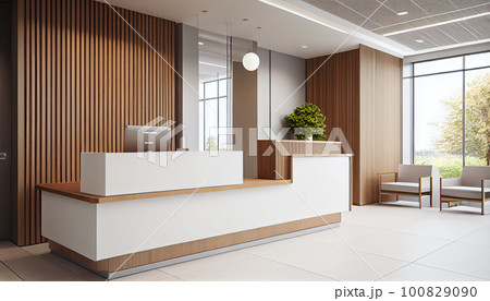 Interior of a hotel lobby with reception desks with transparent covid plexiglass lexan clear sneeze guards 100829090