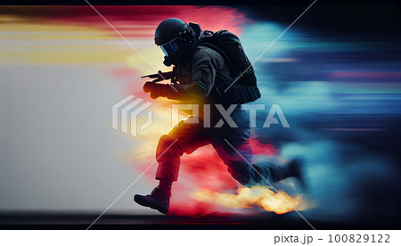 Criminal policeman detective man running holding gun full length silhouette in studio. Criminal policeman detective man running holding gun full length silhouette in studio. 100829122