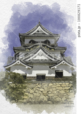 水彩画風　彦根城　天守　滋賀県彦根市 100829171
