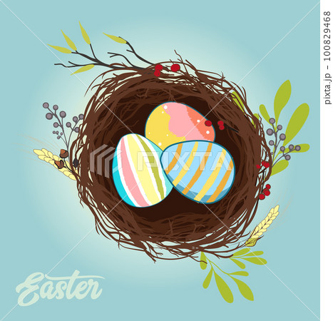 Happy Easter, decorated easter card, banner. Bunnies, Easter eggs, flowers and basket. Folk style patterned design. . Vector illustration 100829468
