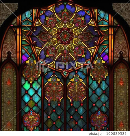 Arch stained glass style rosetta window. Generative AI Arch stained glass style rosetta window. Generative AI 100829525