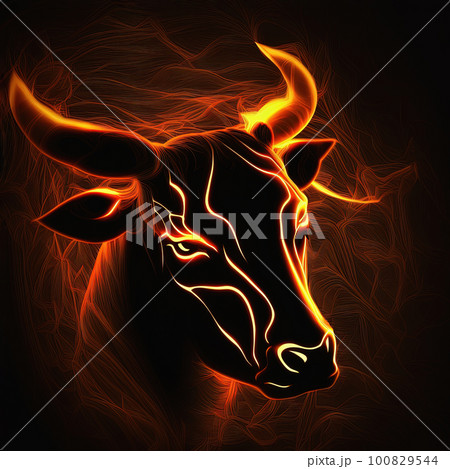 Red fire bull head on black background. Market, crypto currency or stocks trading, financial and business concept Red fire bull head on black background. Market, crypto currency or stocks trading, financial and business concept 100829544