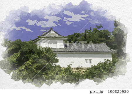 水彩画風　彦根城　天秤櫓　滋賀県彦根市 100829980