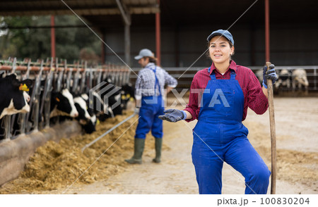 Young woman farmer posing while feeding cows at farm Young woman farmer posing while feeding cows at farm 100830204