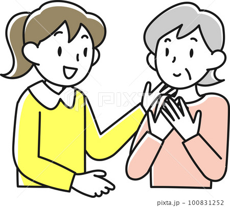 安心した表情で会話をするシニア女性と若い女性 100831252