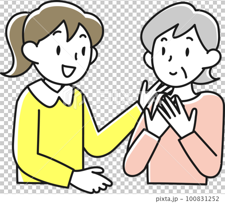 安心した表情で会話をするシニア女性と若い女性 100831252
