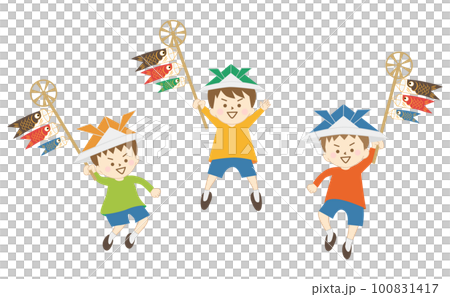 A set of boys jumping happily in shorts, wearing an origami helmet and holding a carp streamer 100831417
