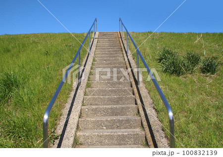 淀川の土手の青空と緑色の草 100832139