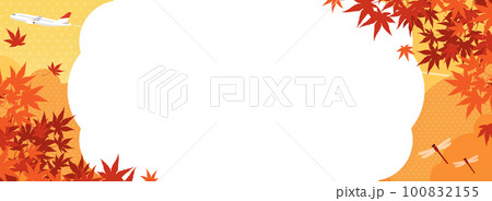 秋の紅葉と飛行機、赤とんぼの飛ぶ風景　フレーム・背景素材（バナー向け横長） 100832155