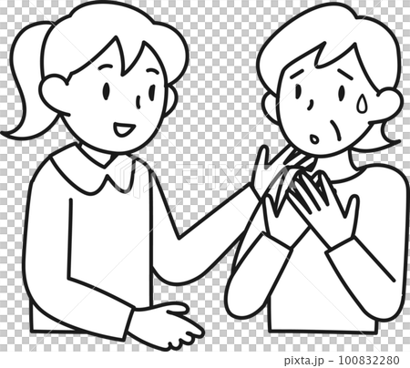 不安げな顔で話すシニア女性と耳を傾ける若い女性 100832280