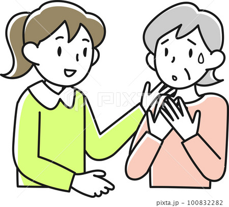 不安げな顔で話すシニア女性と耳を傾ける若い女性 不安げな顔で話すシニア女性と耳を傾ける若い女性 100832282