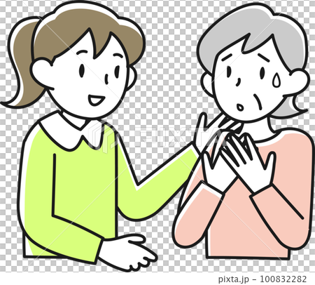 不安げな顔で話すシニア女性と耳を傾ける若い女性 不安げな顔で話すシニア女性と耳を傾ける若い女性 100832282