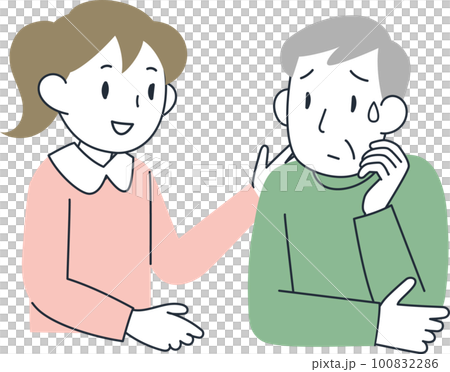 一個面色不安地說話的老人和一個傾聽的年輕女人 一個面色不安地說話的老人和一個傾聽的年輕女人 100832286