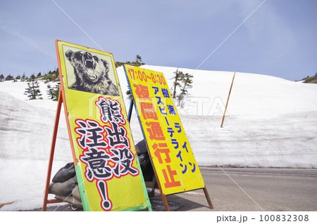 八幡平の熊出没注意と夜間通行止の看板 八幡平の熊出没注意と夜間通行止の看板 100832308